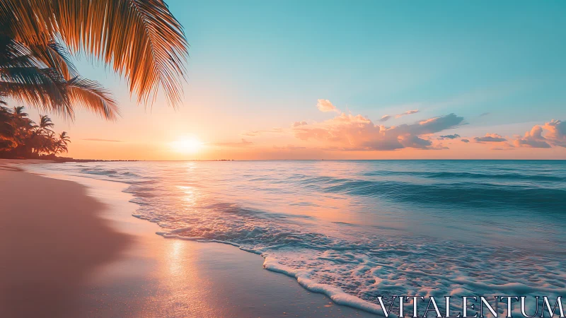 Gentle tropical shoreline glows under a calm pastel sunset