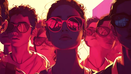 Youthful crowd in neon sunglasses bathed in sunset glow.