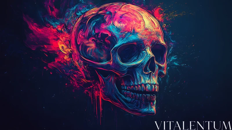 Neon chromatic human skull with fluid spectral light trails