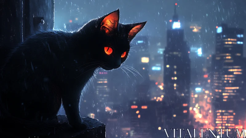 Black Cat with Glowing Eyes Over Neon Urban Cityscape