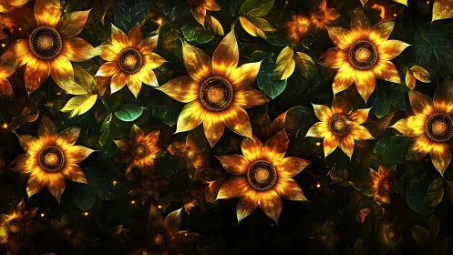 Midnight sunflowers ignite a jewel-toned forest dreamscape.