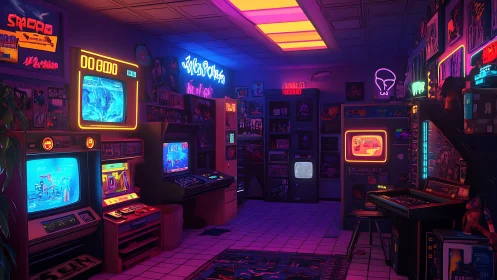 Retro neon arcade glows with nostalgic gaming energy