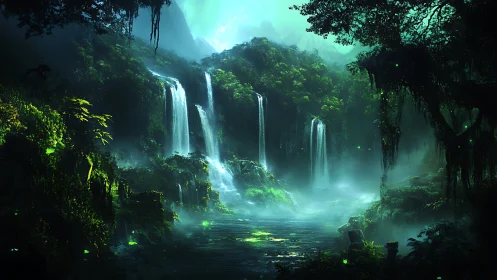 Mystical Waterfall Canyon with Bioluminescent Forest.