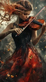 Fiery violinist commands swirling embers and shadowed storm