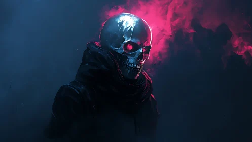 Luminous skull figure in neon magenta vapor and deep teal void
