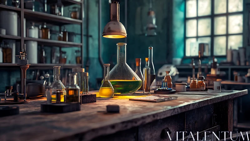 Vintage chemistry lab bench under warm industrial light.