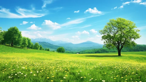 Luminous spring meadow with lone tree and distant blue mountains