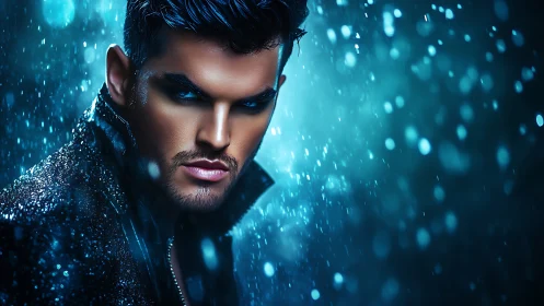 Storm-lit rebel in electric blue rain-slicked glamour gaze.