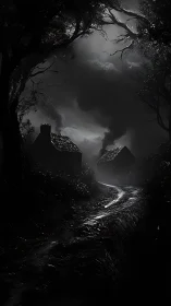 Dark forest path leading toward two distant cottages.