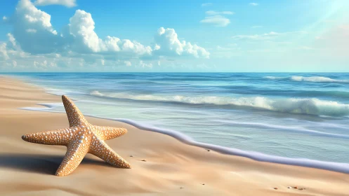 Sunlit starfish resting on serene pastel shoreline scene.