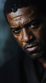 Tight low-key portrait isolates intense male facial expression