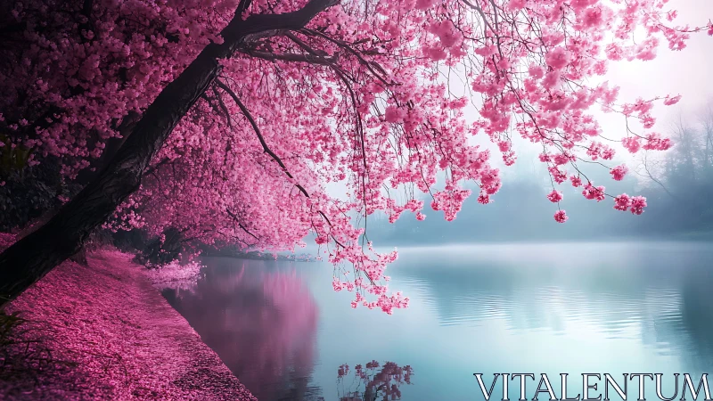 Dreamlike cherry blossom shore shimmers beside a misty lake