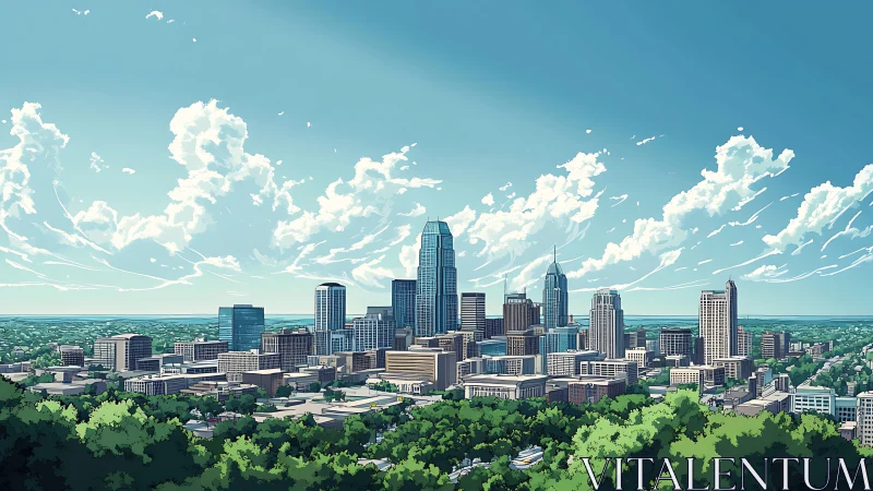 Sunlit city skyline rises calmly above a lush green foreground