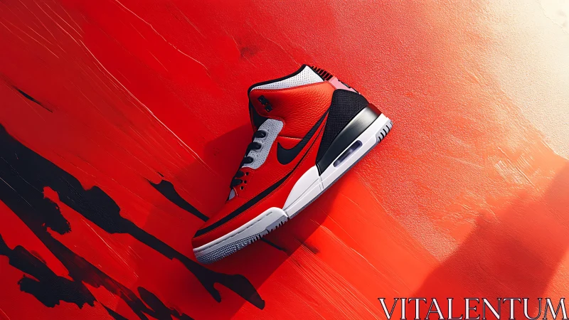 Red and black Nike sneaker on abstract painted surface.