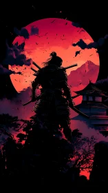 Lone midnight samurai framed by roaring crimson moonlight.