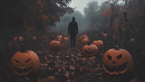 Fog-drenched forest path with carved Jack-o-lantern arrayed symmetrically.