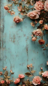 Pink roses arranged along distressed turquoise panel surface.