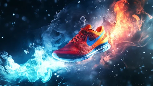 Red athletic shoe with fire and ice visual effects in space.