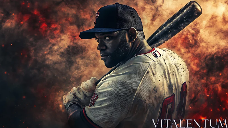 Explosive-lit baseball slugger poised in dramatic stance.