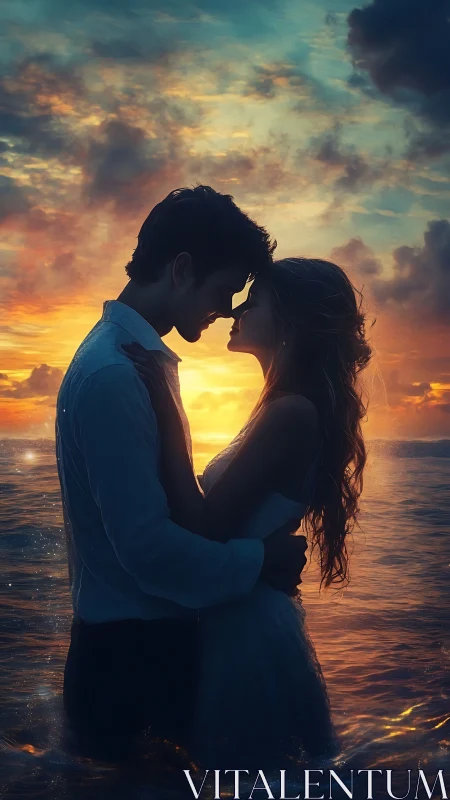 Romantic Silhouette Embrace at Golden Hour Sunset