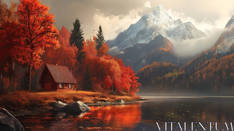 Cozy lakeside cabin glowing beneath peaceful autumn peaks.
