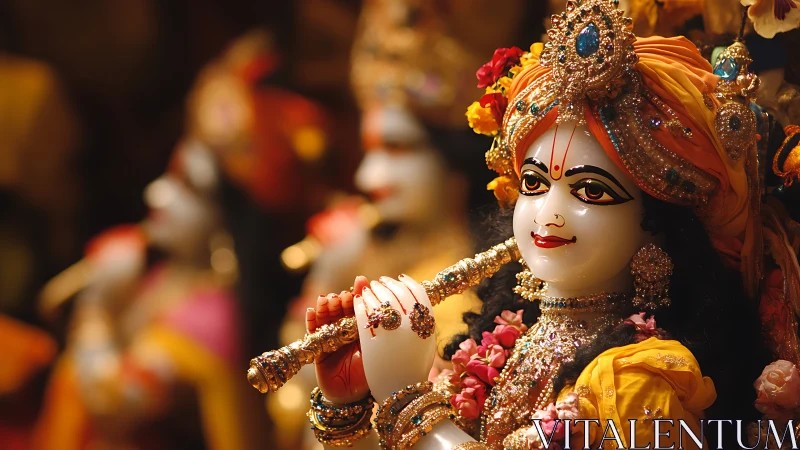 Krishna statue holding flute in richly decorated temple setting