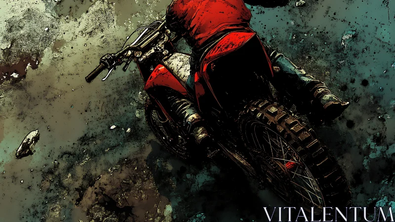 Red dirt bike powersliding through gritty mud field.