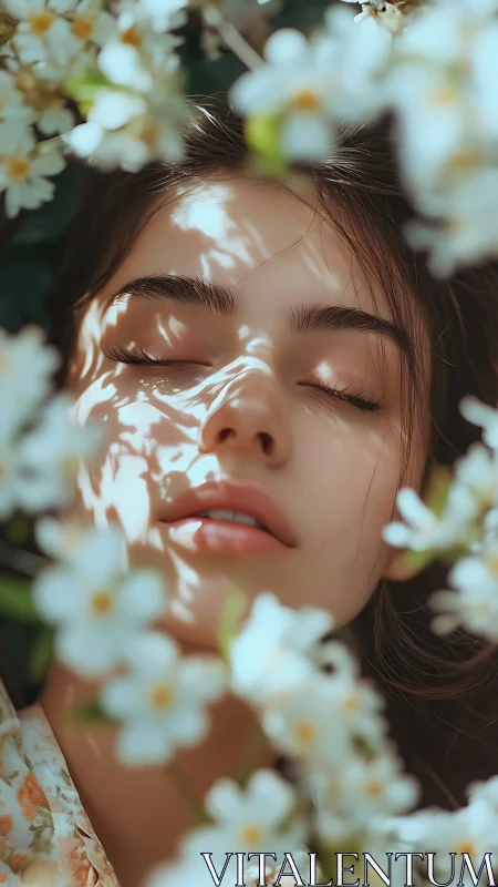Photorealistic portrait in floral dappled light composition.