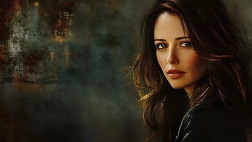 Digital portrait of woman against textured dark backdrop.