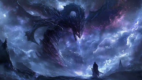 Midnight summit between starlit dragon and lone hero.