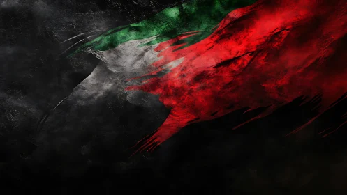 Abstract Italian flag streaks cut through dark textured void.