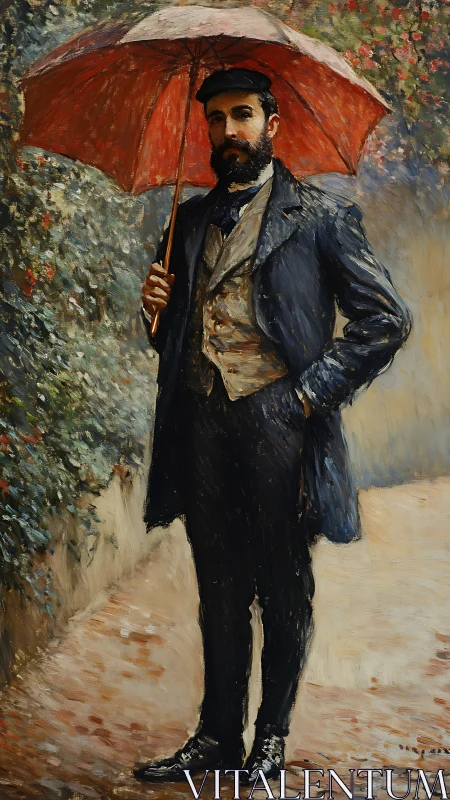 Elegant bearded gentleman under red umbrella in impressionist style