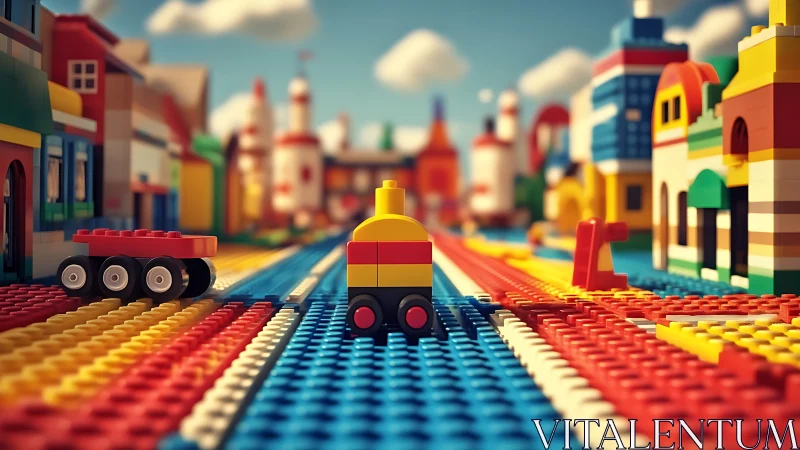 Toy brick city street with colorful micro train scene.
