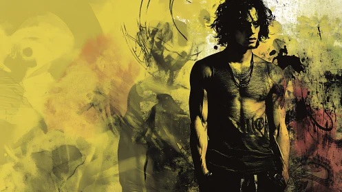 Gritty grunge portrait of moody man on yellow abstract wall.