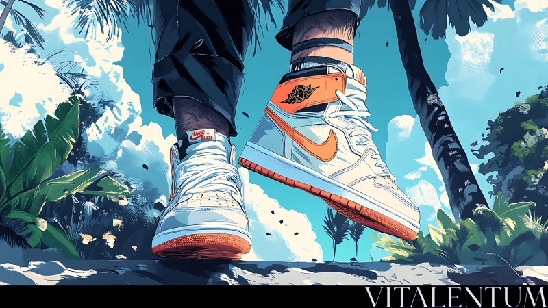 Sneakers dominate low angle tropical street scene composition