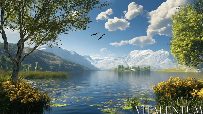 Sunlit alpine lake cradled by snowy peaks and drifting birds.