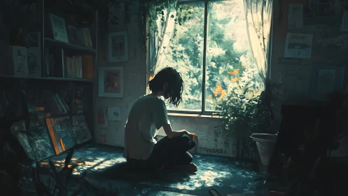 Solitary figure in dim room facing bright garden window.