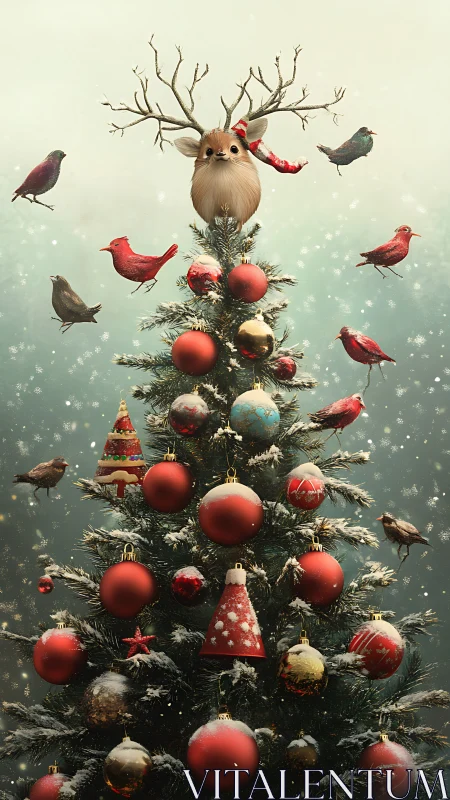 Christmas tree holds animal topper and birds in snowfall