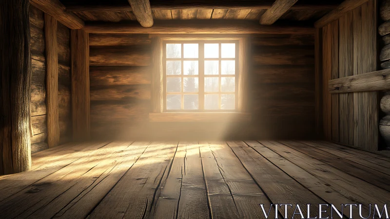 Sunlit wooden cabin interior glows with warm rustic calm