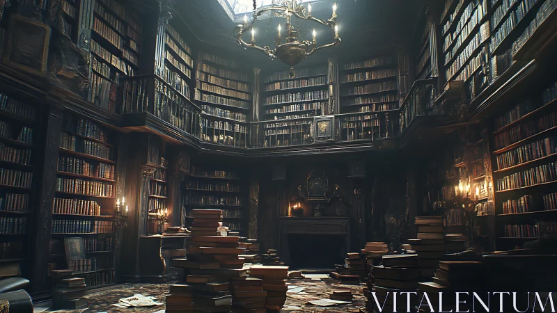 Candlelit labyrinth library where towering book piles breathe.