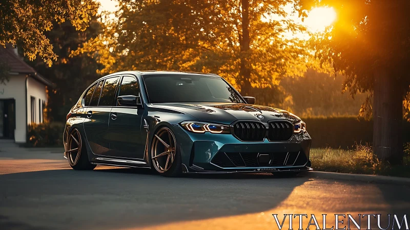 Lowered dark blue BMW wagon on suburban street at sunset.