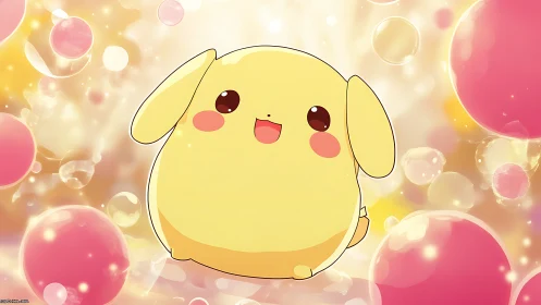 Yellow round character amid floating pink and gold orbs.