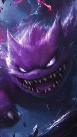 Menacing purple monster lunging through dark energy storm.