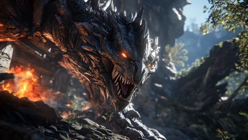 Fierce mountain dragon emerging with blazing molten gaze.