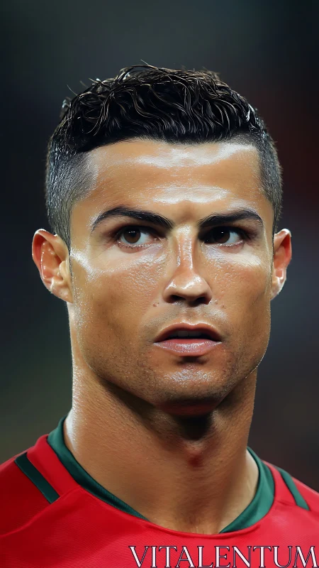 Close-up portrait of focused male soccer player in red shirt.