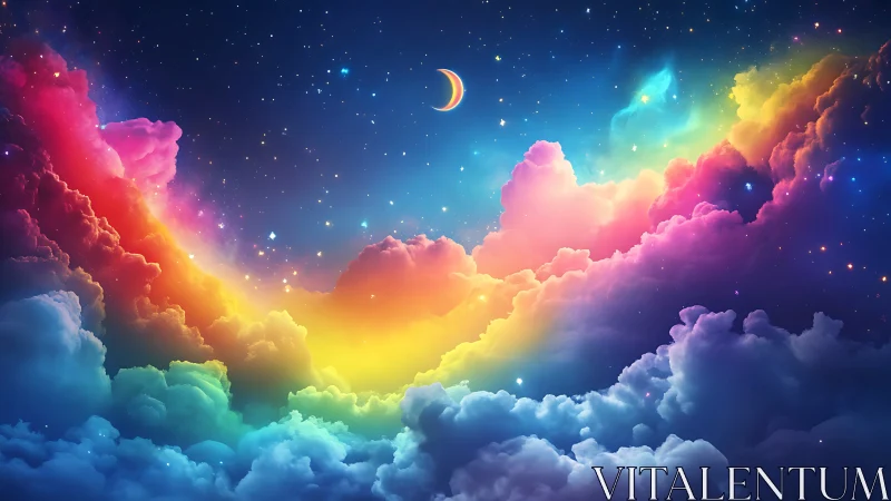 Dreamy rainbow clouds embrace a crescent moonlit sky.