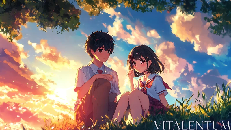 Sunset gently frames two anime students sharing a quiet moment