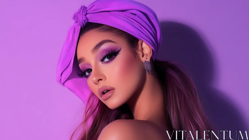 Woman with purple turban and makeup poses against violet wall