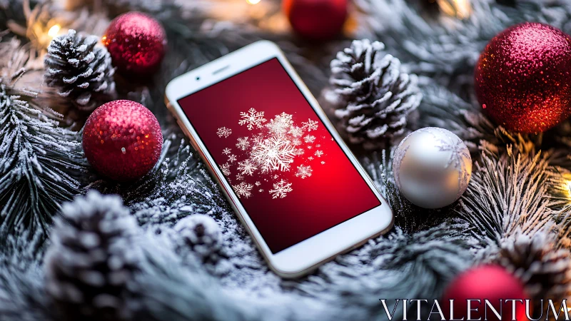 Smartphone with snowflake graphic in festive Christmas setting.