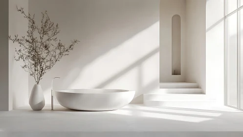 Minimalist freestanding oval tub in sunlit monochrome bathroom